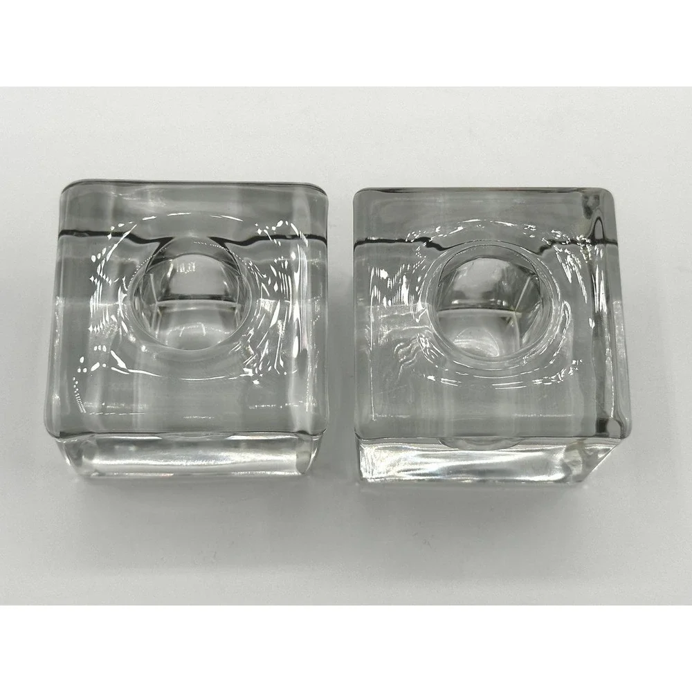 Vintage Clear Glass Cube Inkwell Set of 2 Heavy Mid-Century Modern Desk Decor